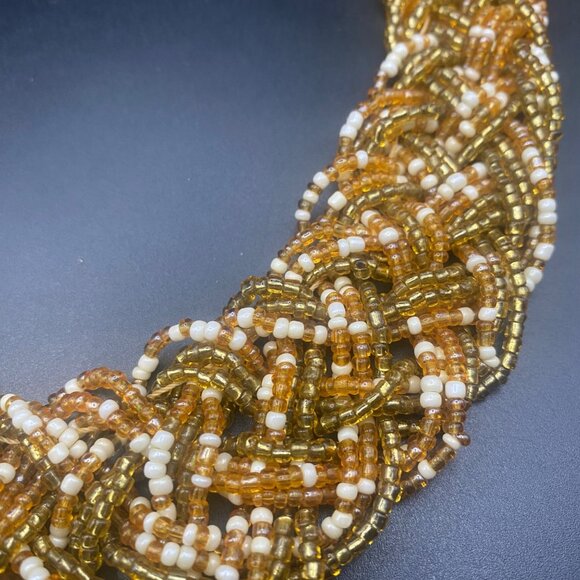 Handmade Braided Glass Seed Bead Necklace Gold Amber White Brass 19+3" Boho - Picture 3 of 7